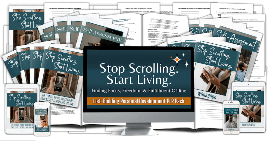 Stop Scrolling Start Living PLR composite marketing image