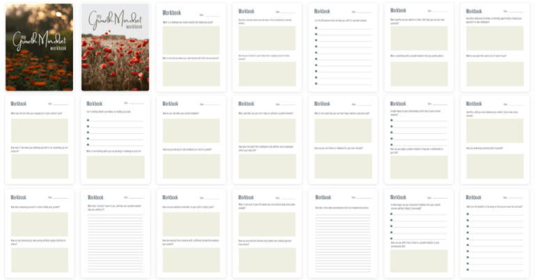 GrowthMindsetPLR_Workbook_insideview Growth Mindset Workbook marketing mockup image