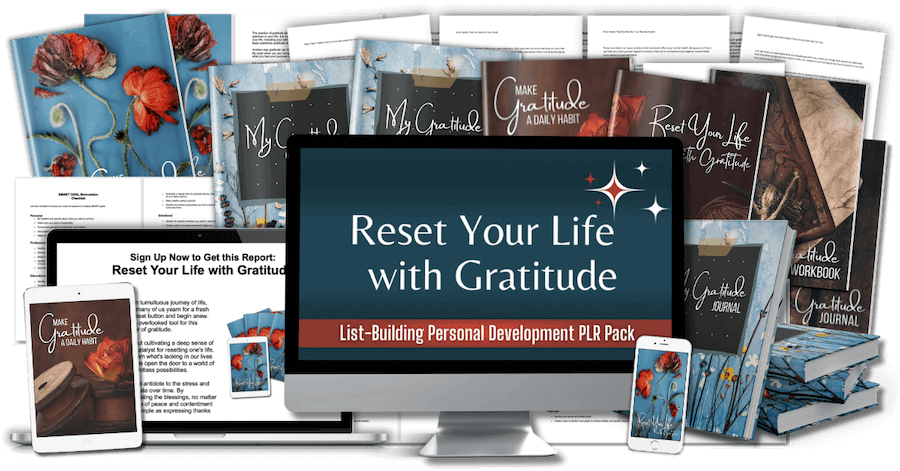 GratitudeReset_Mockup Reset Your Life with Gratitude Daily Habits PLR Pack composite marketing image