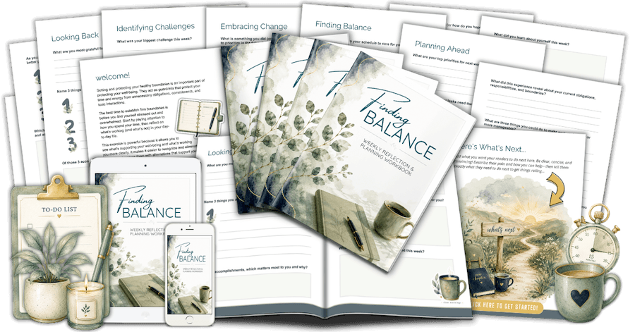 EZI_FindingBalanceWorkbook_Mockup EZInspo Finding Balance PLR Workbook with Canva templates marketing mockup image